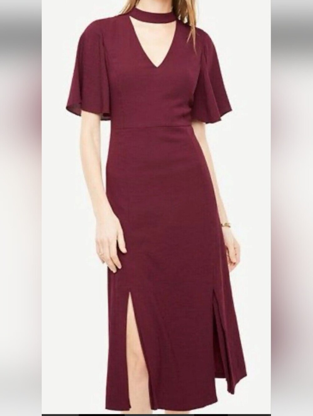 NWT Ann Tylor Short-Sleeve  Burgundy Midi Dress With Opens On Front Size 6